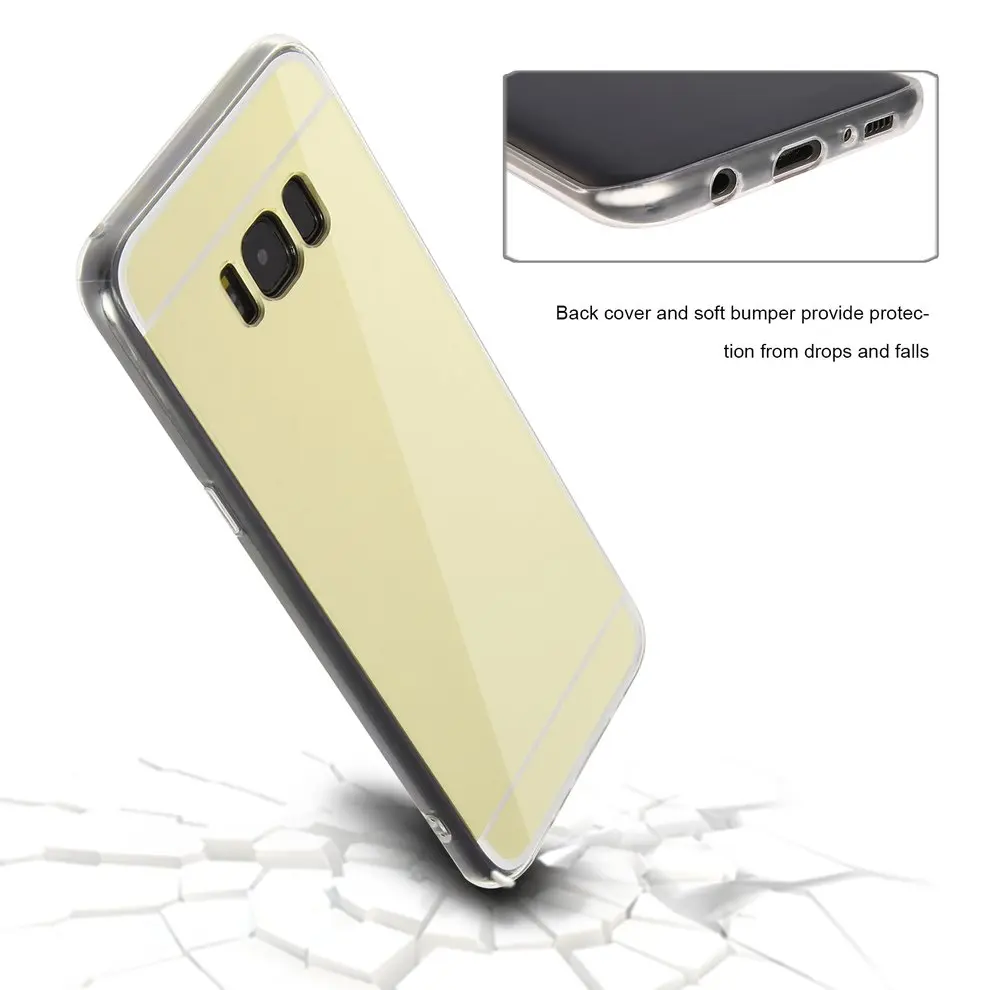 

2 Pcs Protective Case Luxury Soft Silicone TPU Cover Gold Color Back MakeUp Mirror Phone Case Shockproof for Samsung S8 Plus