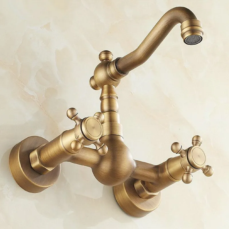 Wall Mounted Vintage Antique Brass Double Cross Handles Bathroom Kitchen Sink Faucet Mixer Tap Swivel Spout atf003