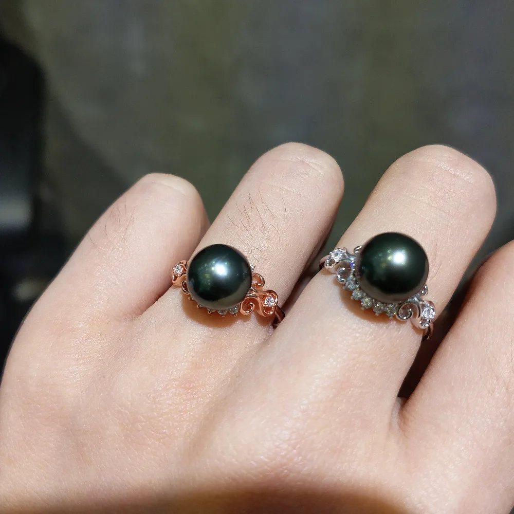 FLZB, классическое кольцо, натуральный Таити Черный жемчуг, идеально круглый 8-9 мм, элегантное кольцо из 925 пробы серебра с покрытием 18 К