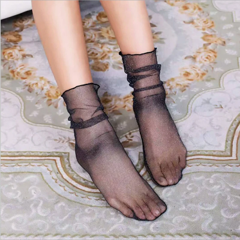 4 пары нейлоновых носков для женщин, сетчатые сексуальные черные шелковые летние носки с принтом, прозрачные ультратонкие высокие сетчатые короткие носки до лодыжки - Цвет: Style 5