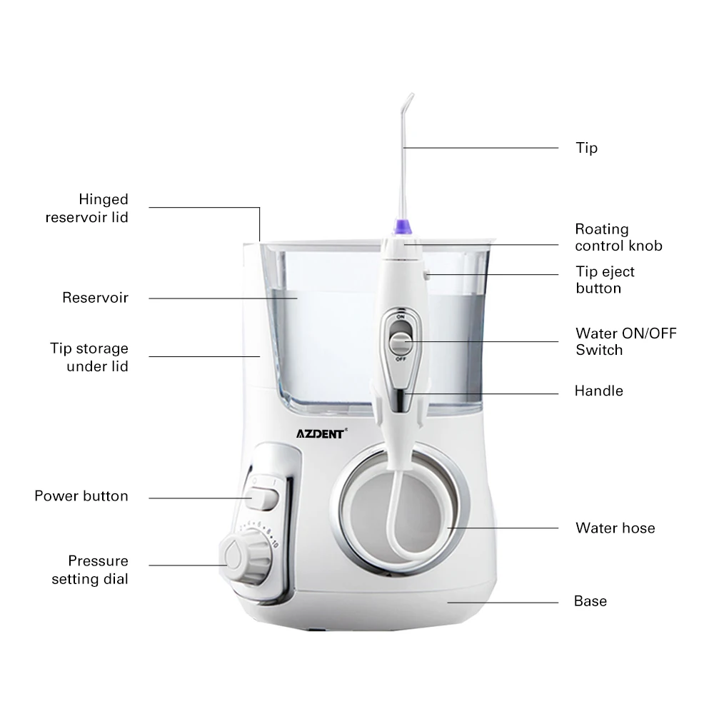 AZDENT 800 мл Электрический ирригатор для полости рта Зубная вода Флоссер с 5 струйными наконечниками Стоматологическая гигиена полости рта 10 давления Чистящая нить для зубов