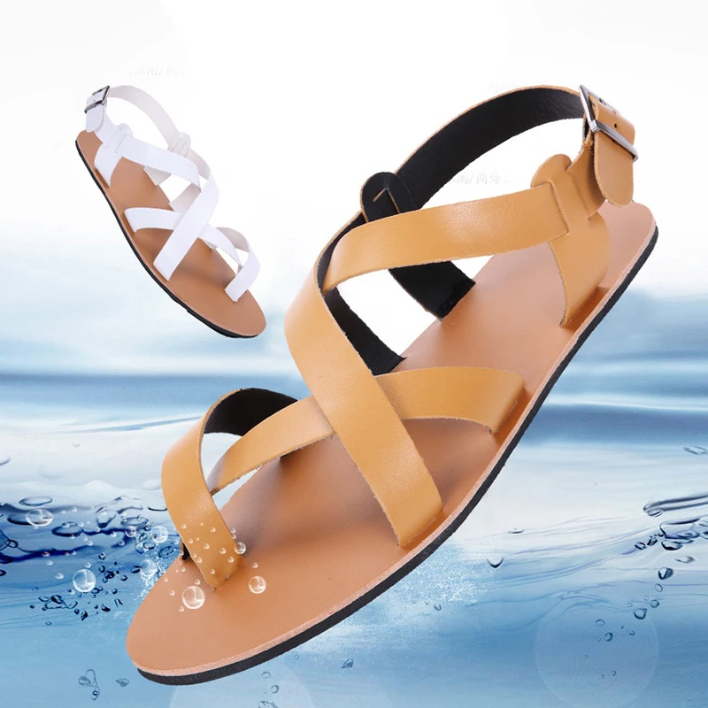 M-anxiu جديد نمط المصارع جلد طبيعي مشبك حزام صندل الرجال عارضة شقة المطاط وحيد التنفس عدم الانزلاق أحذية 2018 الصيف