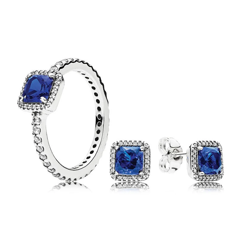 

2019 New Fashion Silver 925 Jewelry Sets Blue CZ Timeless Elegance Ring & Stud Earrings Set Women Wedding Party Fine DIY Jewelry