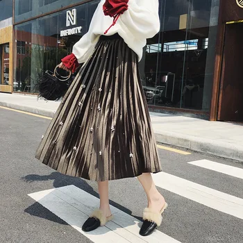 

Autumn Winter Vintage Skirts 2019 Women Elastic High Waist Gold velvet Long Section Pleated Skirt Female Pearl Beading Skirts