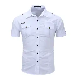Брендовая одежда 100% хлопок Для мужчин рубашки летняя Бизнес рубашка Рубашка с короткими рукавами отложной воротник под смокинг Для мужчин