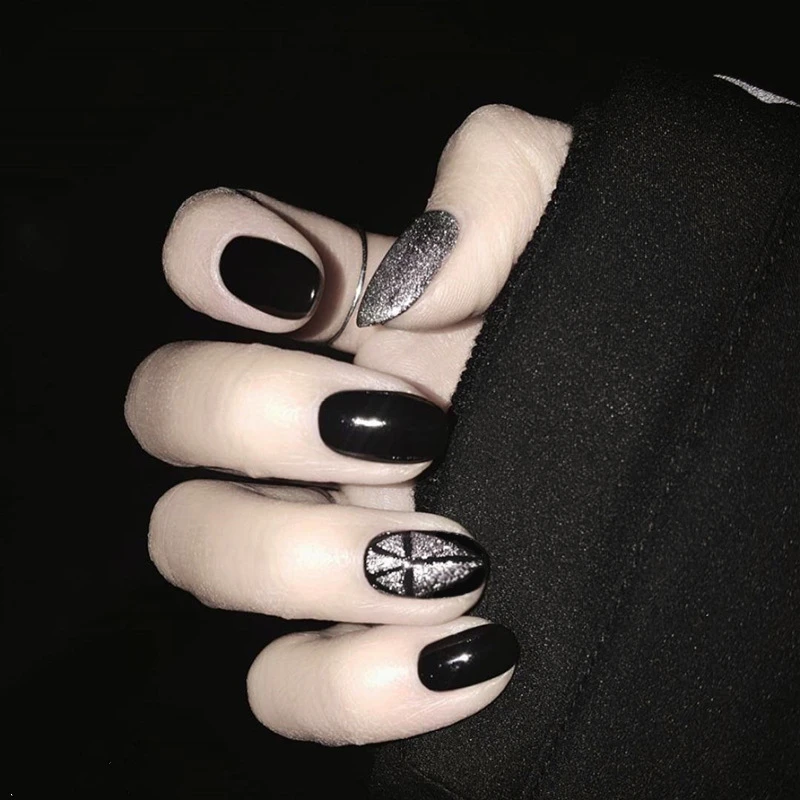24 ピース セット黒 グレーシルバーフラッシュパウダー偽爪 小さな丸頭のロングサイズフルネイルのヒントパッチ女性アートツール花嫁 False Nails Full Nailsfull Nail Tips Aliexpress