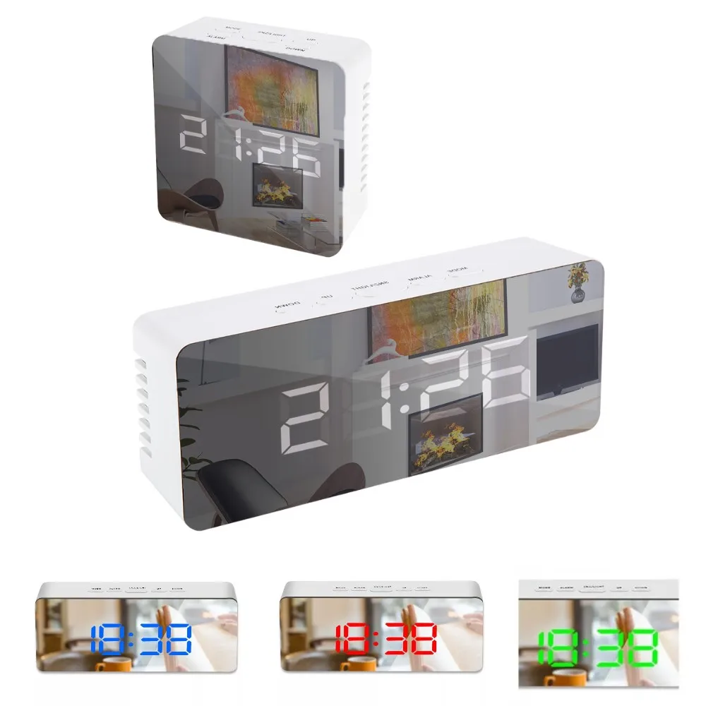 

LED Mirror Alarm Clock Digital Snooze Table Clock Wake Up Light Electronic Large Time Temperature Display Home Decoration Clock