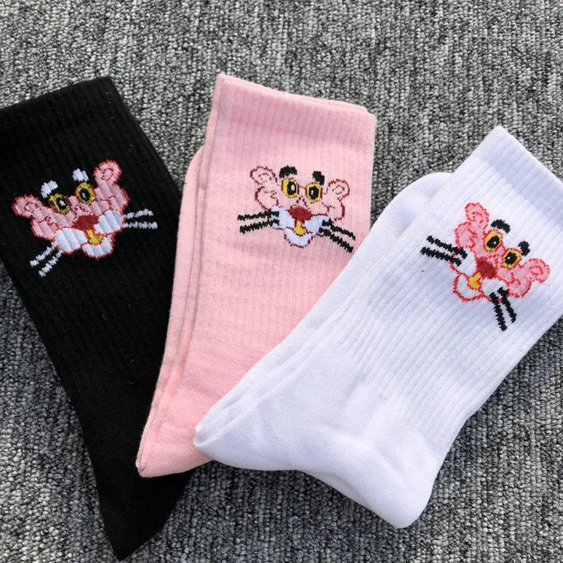 2019 New Women Printed Socks Cute Cortoon Animal Pink Panther Letters Inscription Black White Cotton Funny Socks For Female