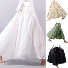 Hirigin Женская Повседневная однотонная плиссированная длинная юбка с высокой талией и оборками Макси из хлопка и льна Праздничная юбка