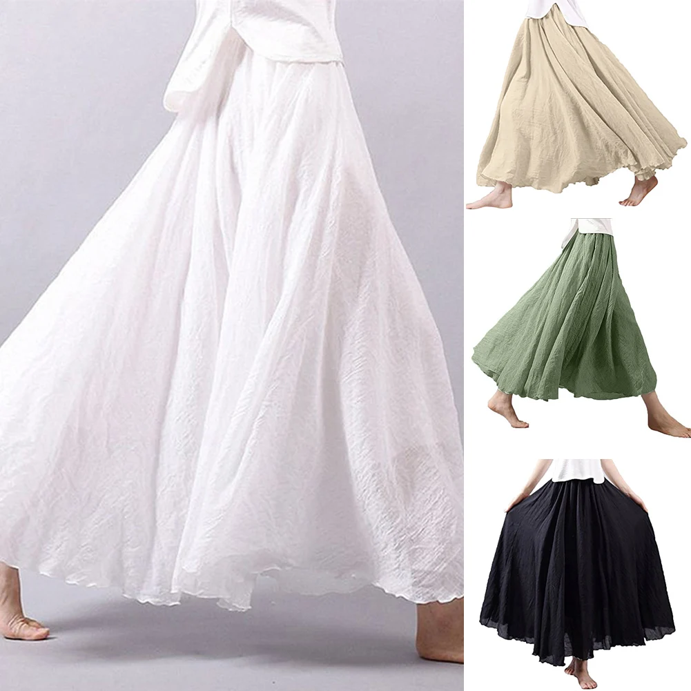 

Hirigin Womens Casual Solid High Waist Pleated Ruffles Long Skirt Maxi Cotton Linen Holiday Skirt