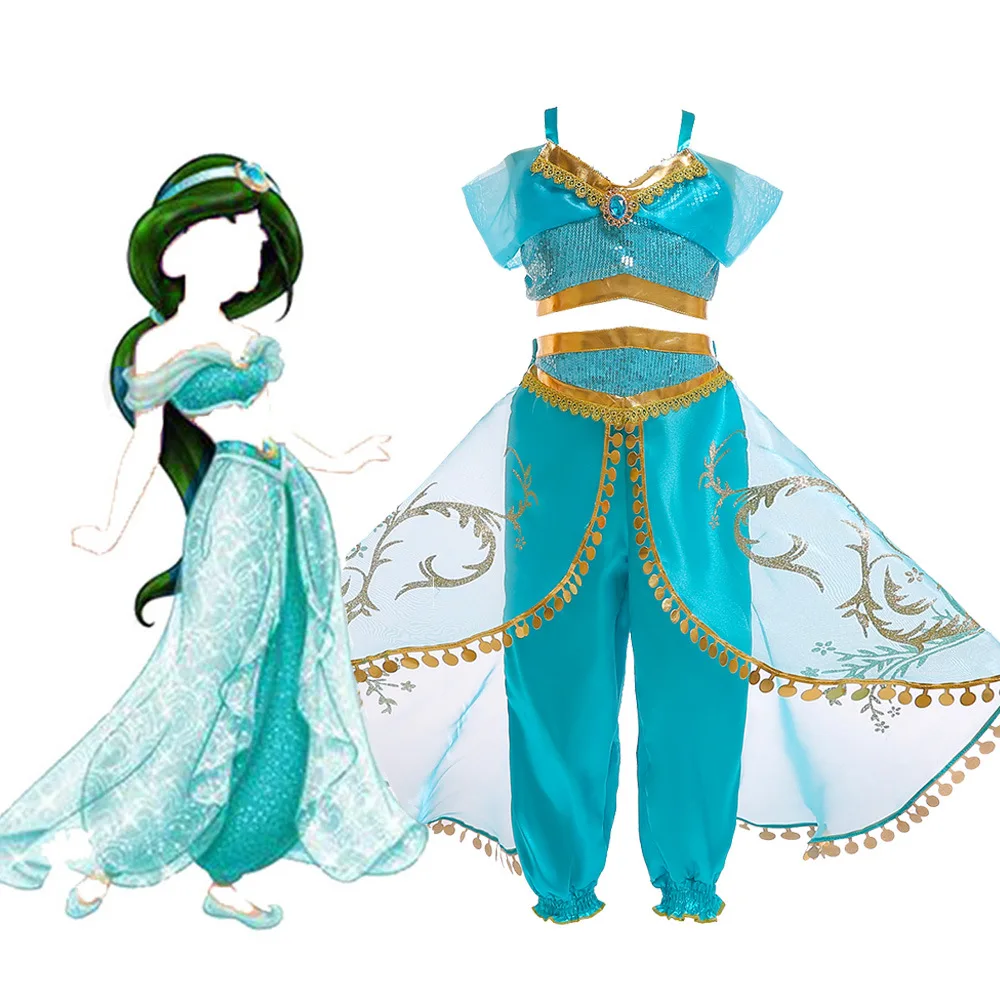 Комплекты одежды для девочек Детская праздничная одежда «Жасмин» Модный комплект одежды на Хэллоуин, топ, штаны Детский костюм с изображением Аладдина и волшебной лампы