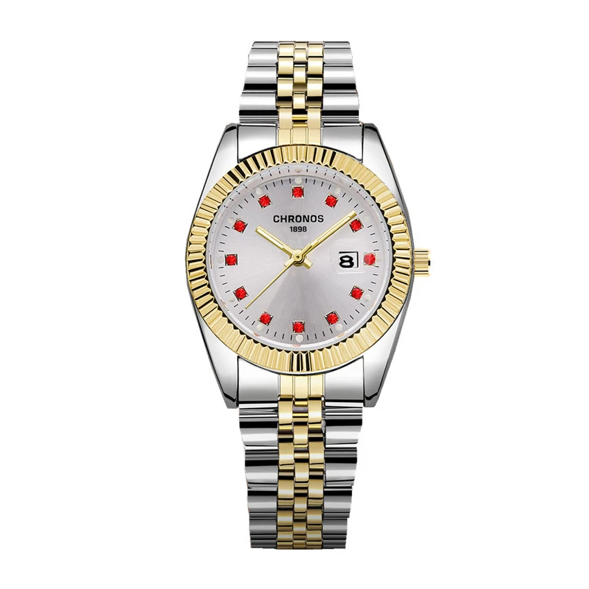 

CHRONOS Women Luxury Golden Rhinestone Watches Waterproof Business Watch Stainless Steel Band Lady Fashion Calendar Wristwatches