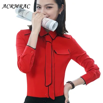 

ACRMRAC Women shirt Slim splice Bow OL Formal Long sleeve shirt Women