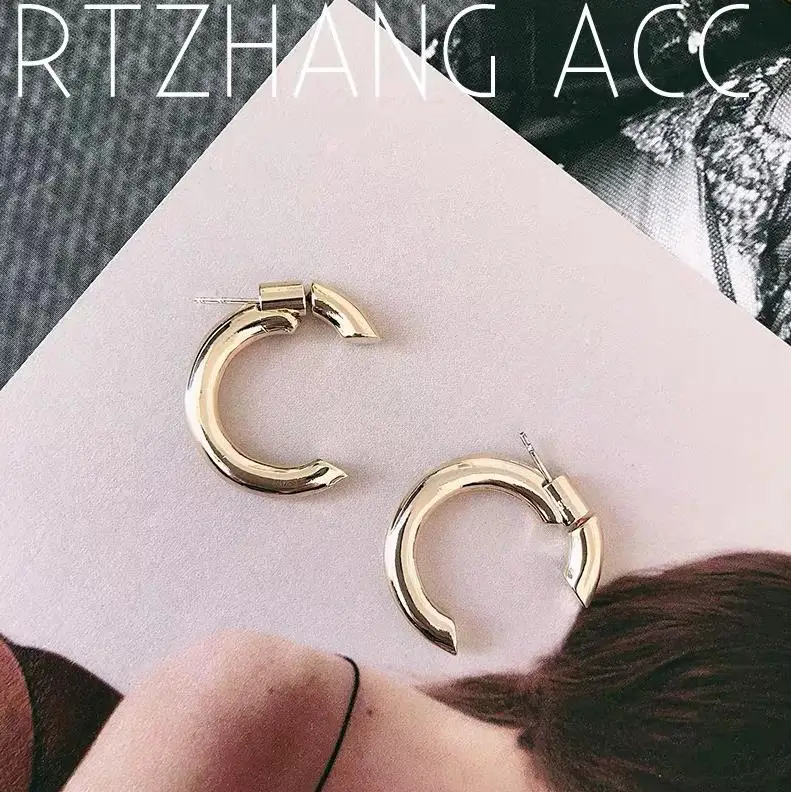 HUANZHI S925 серебро Pin простой C Форма золото круглый металлический круг маленькие серьги-кольца для Для женщин девочек вечерние подарок - Окраска металла: C  small