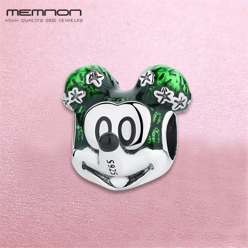 

Memnon 925 sterling silver New PARK Mouse head Charms with green enamel fit beads bracelets necklace DIY for women fine jewelry