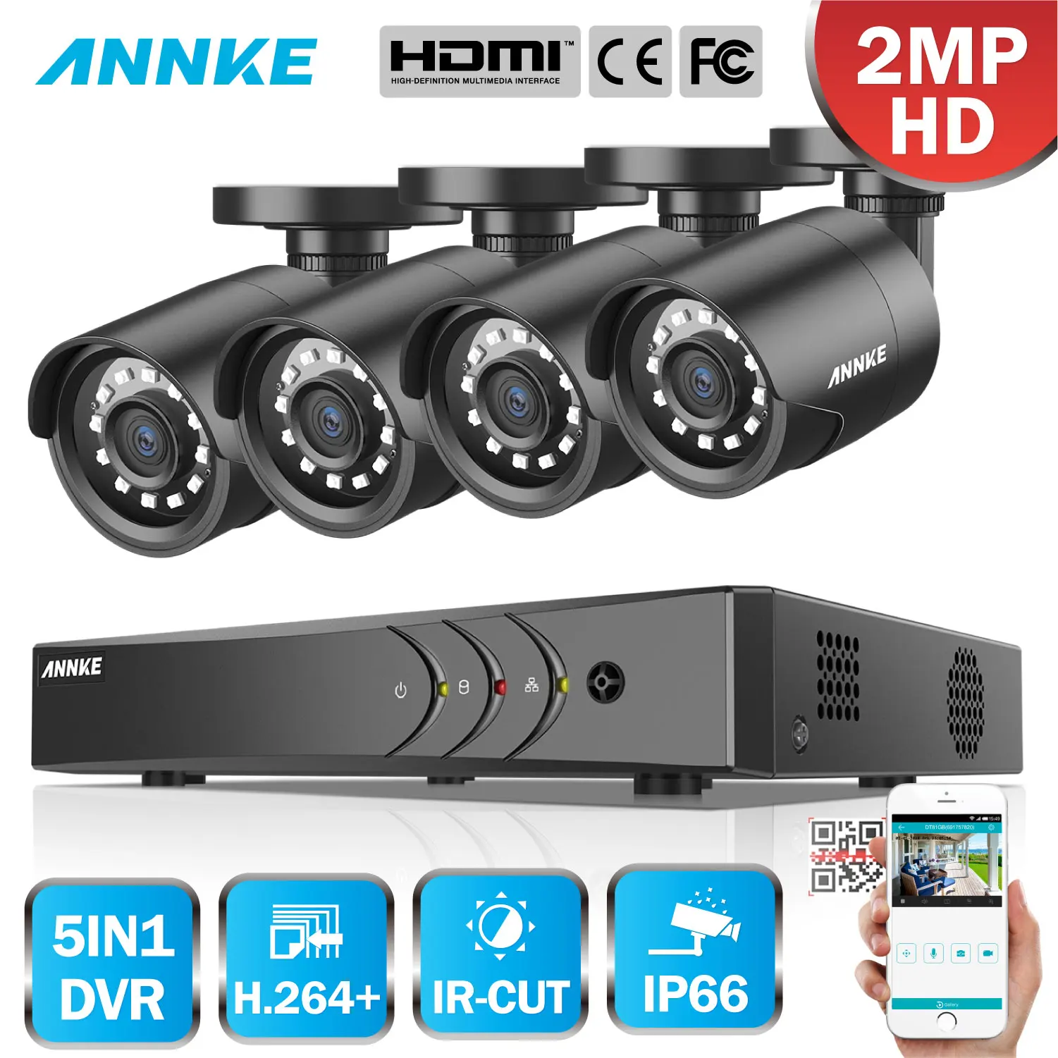 ANNKE 8CH HD 1080P Video Security System Lite H.264+ 5in1 DVR With 4PCS 2MP TVI Bullet Weatherproof Outdoor Camera Home CCTV Kit |