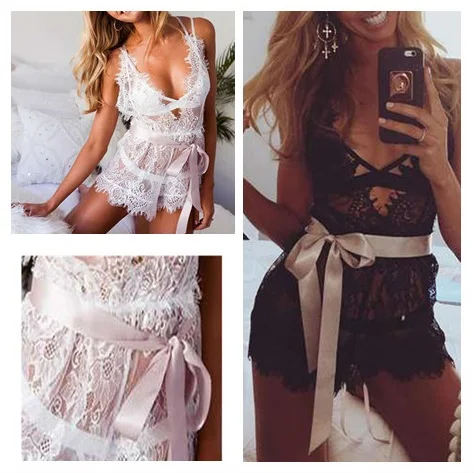 Women Sexy Full Lace Sleepwear Lingerie Black White Transparent Hollow-out Deep V Sleepwear Dress Erotic Lace Costume Underwear