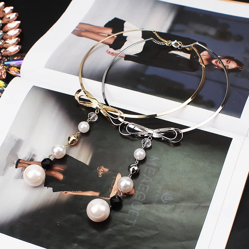 Ожерелье-чокер из сплава с искусственным жемчугом, очаровательные длинные подвески с бантом для женщин, ювелирные изделия UKMOC