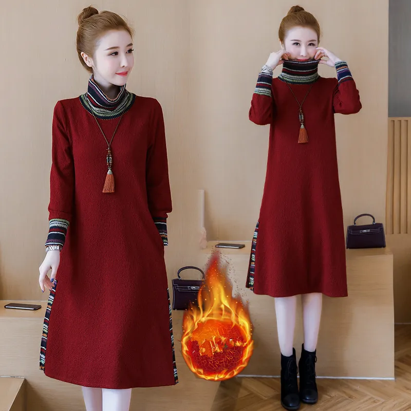 

Winter Women Dress New Fashion Ethnic Turtleneck Plus Velvet Warm Dress Loose Plus Size 4XL Long Sleeve Dress Female Clothing
