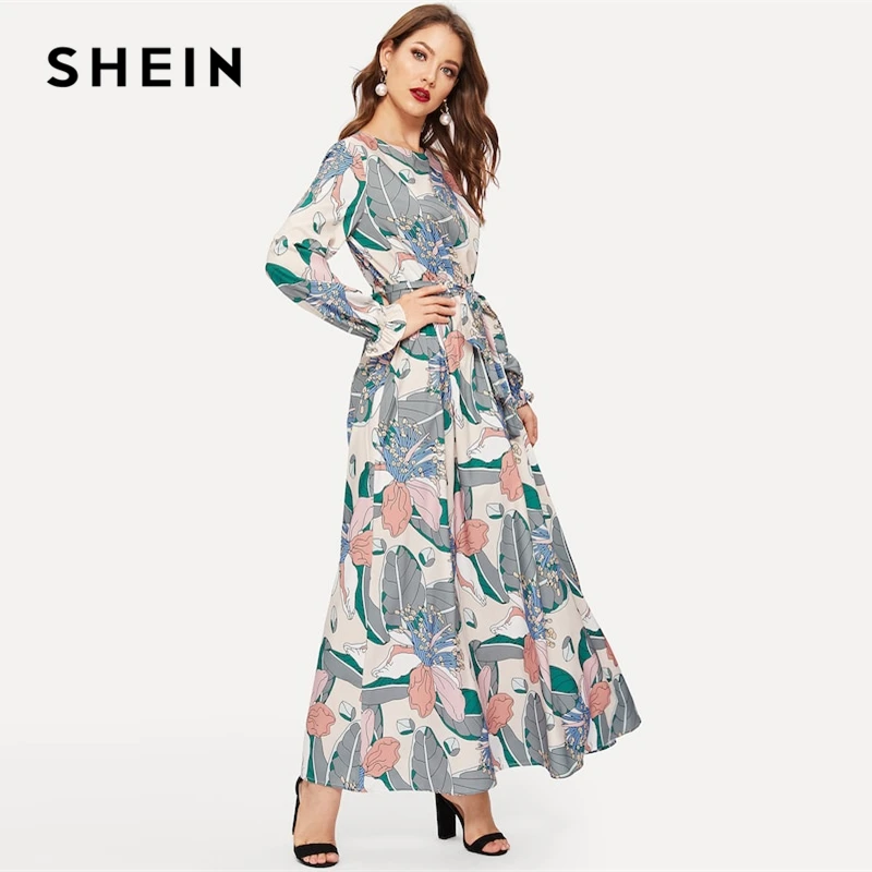 SHEIN Платье С Цветочным Принтом И Поясом Женское Весеннее Многоцветное Элегантное Платье С Длинными Рукавами