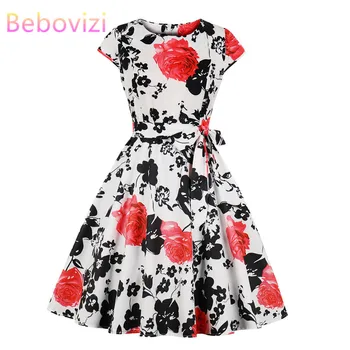 

Bebovizi Women Clothes 2019 Flower Print Short Sexy Party Elegant 50s Vintage Dresses O-Neck Casual Office A-Line Bandage Dress