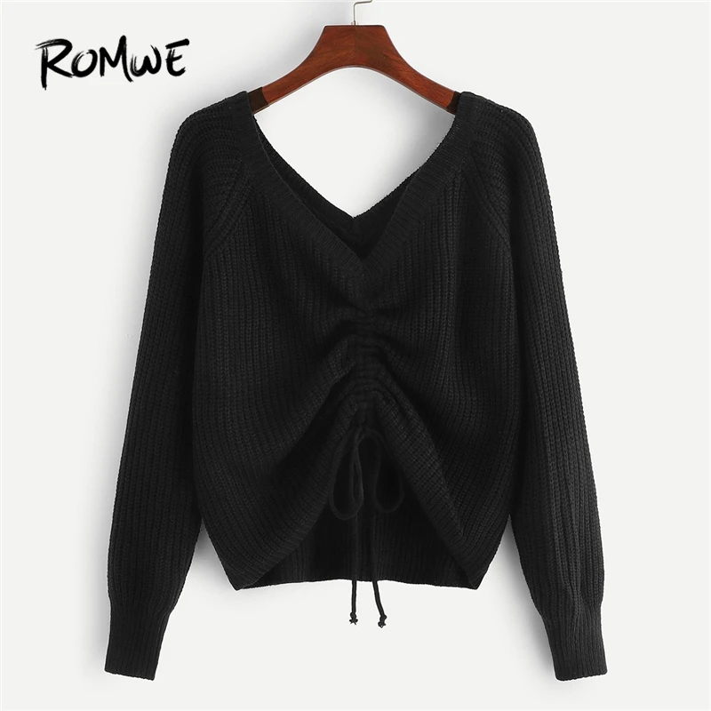 

ROMWE Black Drawstring Detail Solid Sweater Women Casual Autumn Plain V Neck Clothes Ladies Long Sleeve Pullovers Jumper