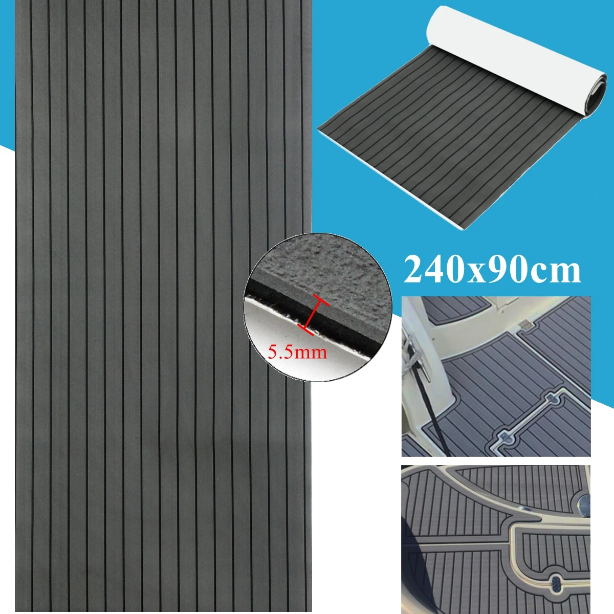 

90x240cm Dark Grey with Black EVA Foam Teak Boat Flooring Sheet Yacht Synthetic Teak Decking Pad