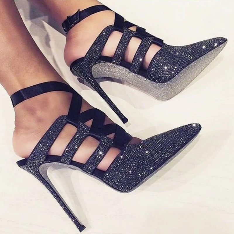 

2019 New Bling Closed Toe Black High Heels Lace Up Sandals Women Crystal Party Wedding Shoes Pumps Luxury Glitter Princess Shoes