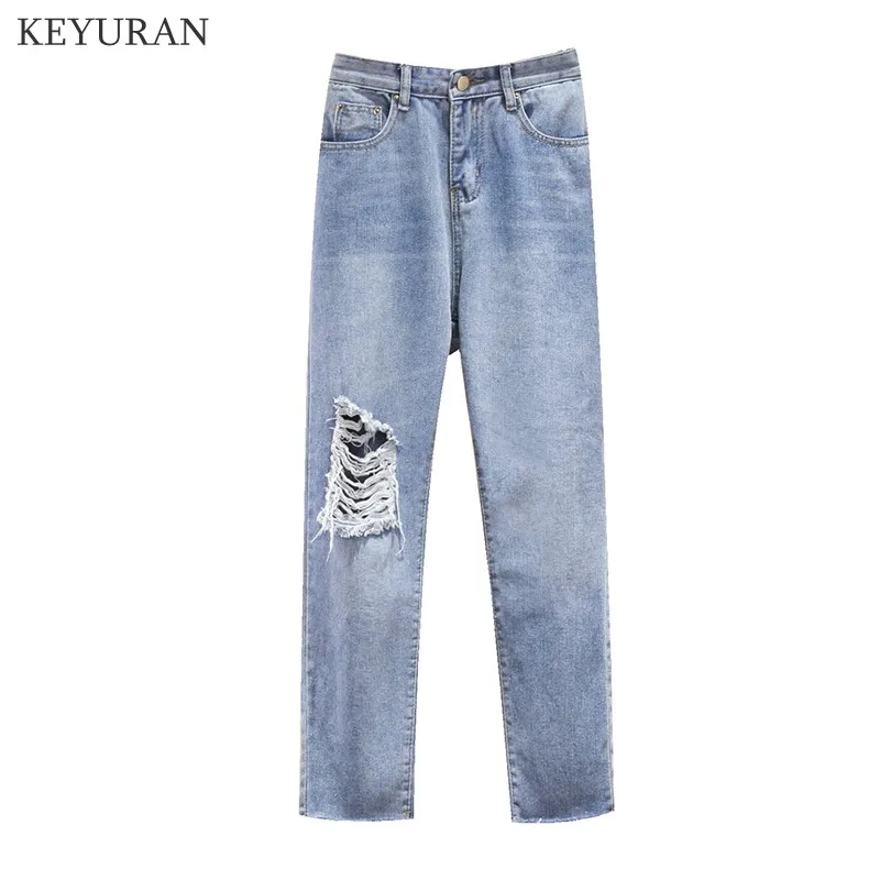 

Streetwear Ripped Hole Jeans Women Casual Pocket High Waist Straight Jeans Women Boyfriend Bottom Loose Pants Plus Size L3161