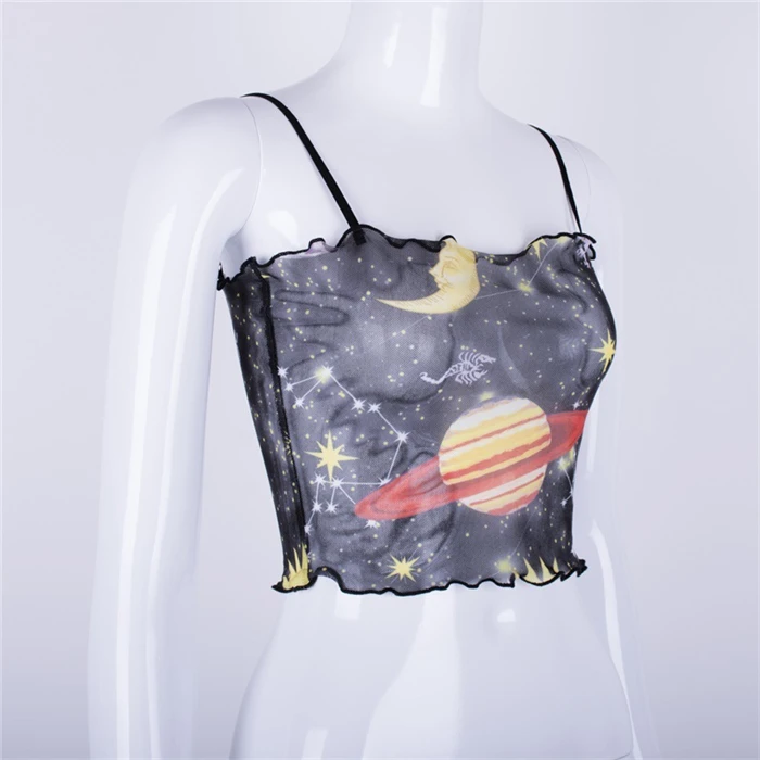 LVINMW сексуальные Galaxy печати рюшами сетки видеть сквозь Топ Лето Для женщин с открытыми плечами Slash шеи бретели Топ женский футболка