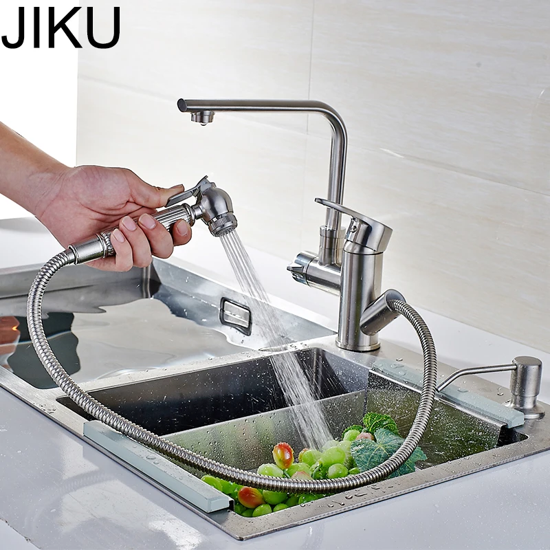 

JIKU Chrome Faucet Spring Pull Down Kitchen Dual Spouts 360 Swivel Hand Held Shower Kitchen Mixer Crane 2 Outlet Spring Taps