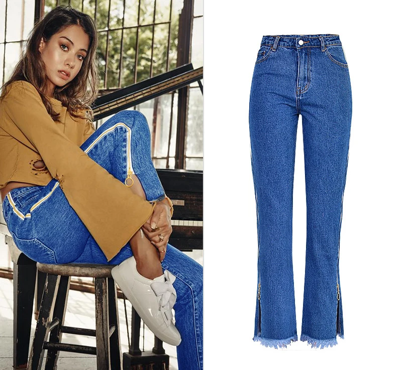 Europe and the United States women's high waist loose straight jeans nine pants bilateral zipper adjustment tassel tassels up to people section (3)