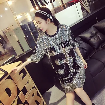 

Korean Tumblr Kpop Regular O-neck Half Polyester Cotton Sequined Chiffon Real 2019 New Style Women Sexy Sequins Print Tops