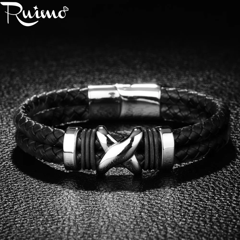 

REAMOR Trendy Woman Cuff Bracelets Stainless Steel Magnet Clasp X Knot Double Braided Leather Bangle Punk Wristband Men Jewelry