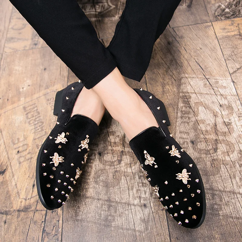 

New Fashion Gold Top and Metal Toe Men Velvet Dress shoes italian mens dress shoes Handmade Loafers 2019