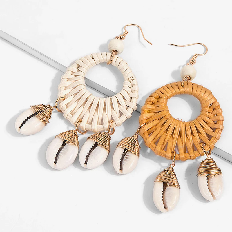

AENSOA Trendy Handmade Shell Rattan Drop Earrings For Women Round Statement Earrings Ocean Wind Jewelry Party Gift Pendientes