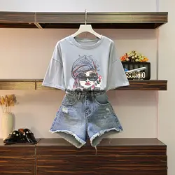 2019 летний женский комплект в Корейском стиле, Модная хлопковая футболка с короткими рукавами и принтом с героями мультфильмов топ + рваные
