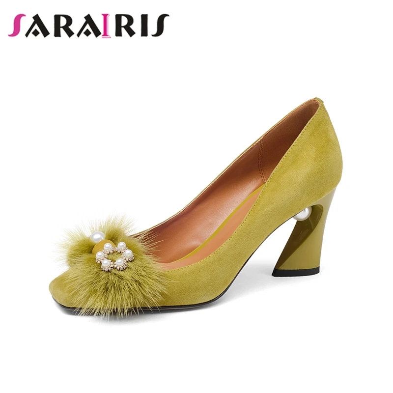 

SARAIRIS New Fashion Genuine Leather slip-on Square High Heels String Bead Shoes Woman Casual Spring Pumps Big Size 33-43