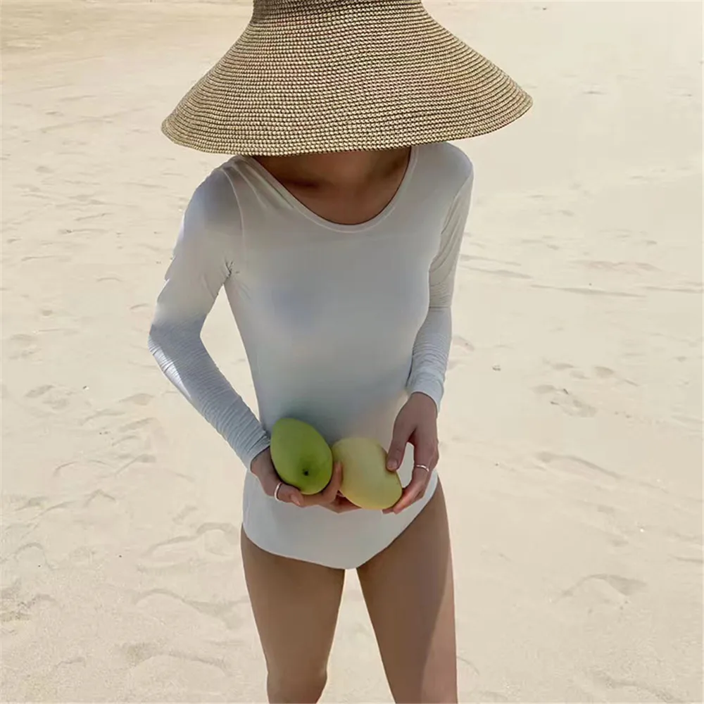 

Long Sleeve Swimsuit One Piece Rash Guard Women Solid Swimwear Open Back Surfing Suit Backless Diving Suit Push Up Monokini Pad