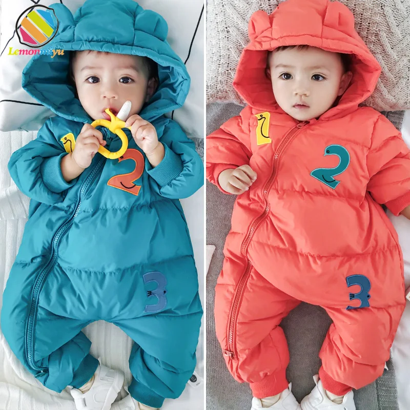 

Lemonmiyu Baby Girl Down Rompers For Newborn Cartoon Hooded Warm Overalls 0-24M Unisex Letter Zipper Warm Toddler Baby One-Piece