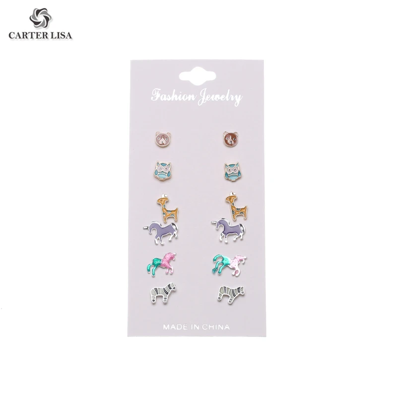 

CARTER LISA 6 Pairs/Set Women Cute Cartoon Animal Stud Earrings Set Girl Child Jewelry Owl Giraffe Unicorn Bear Clay Earrings