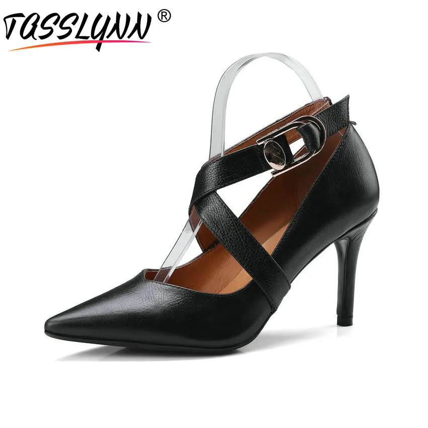

TASSLYNN 2018 Women Pumps Buckle Cross-tied Cow Leather PU Pointed Toe Thin High Heels Western Style Pumps Shoes Size 34-39