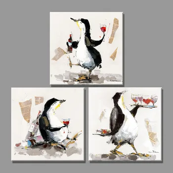 

3 Piece lovely Penguin holding red wine oil painting Animal Home Decor Wall Painting Paintings for living room sitting room