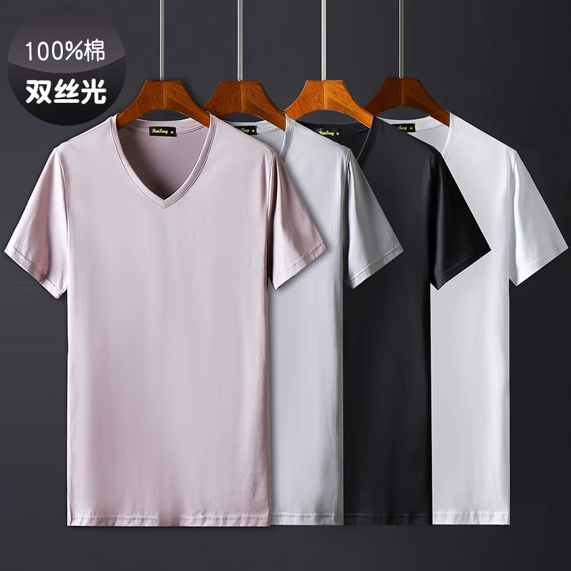 simple Fashion Men T-Shirt With V Neck T Shirts For Men Male Mercerized Cotton Plain Solid bodybuilding Top Tees Short Sleeve (13)