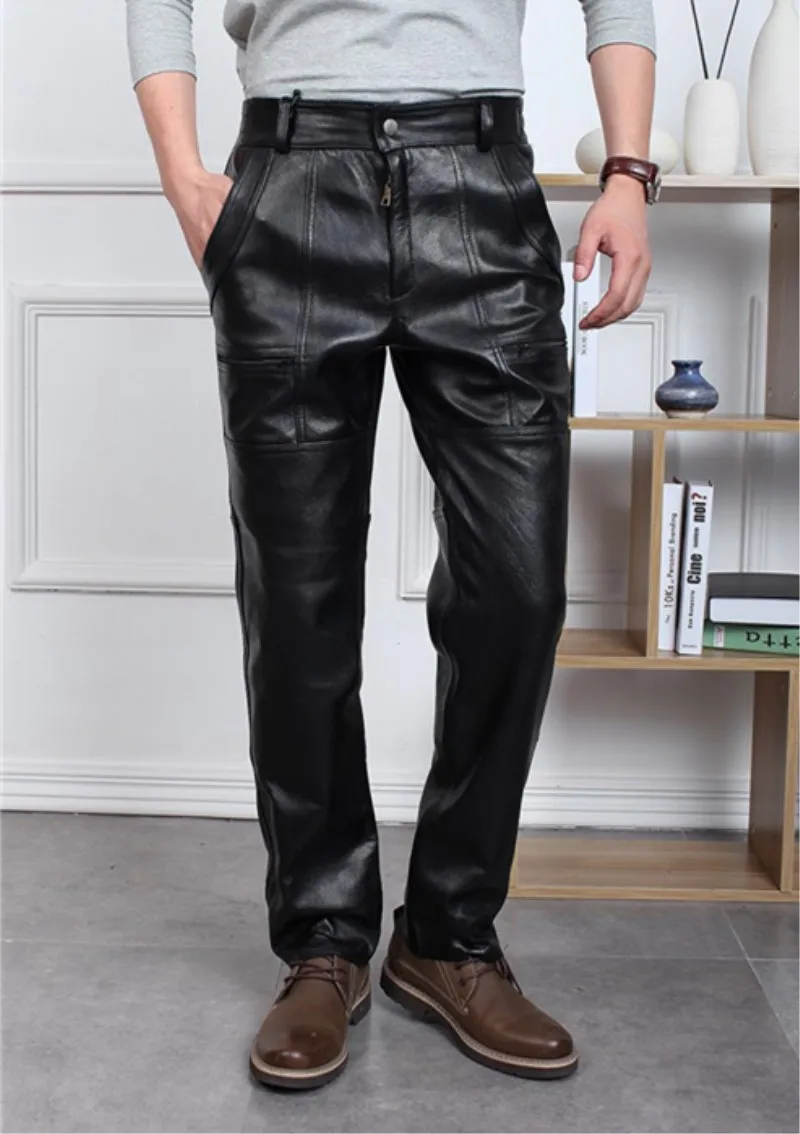 Осенние зимние мужские брюки размера плюс из натуральной кожи, мужские утепленные мотоциклетные штаны, свободные ветрозащитные кожаные брюки