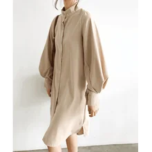 Длинная блузка с рукавом-фонариком, Корейская женская рубашка в стиле ленивого офа, Весенняя Осенняя однобортная длинная белая рубашка с разрезом и воротником-стойкой