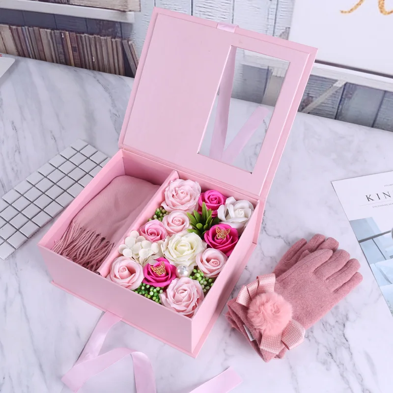 

New Korean Version of Touch Screen Gloves Scarf Two-piece Christmas Valentine's Day Creative SOAP Flower Gift Box Birthday Gift