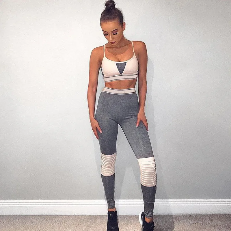 

NORMOV Fitness Women Sets O Neck Backless Strapless Spaghetti Strap And High Waist Elastic Trousers Patchwork Spandex Sets