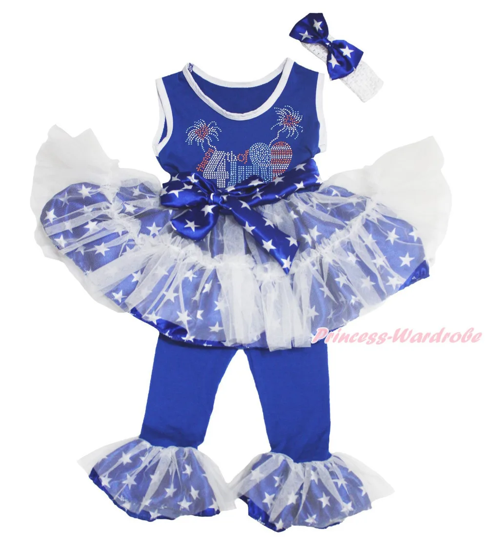 

4th July Rhinestone USA Flag Heart Star Top Dance Ruffle Tutu Dress Pants 1-8Y MAPSA0687