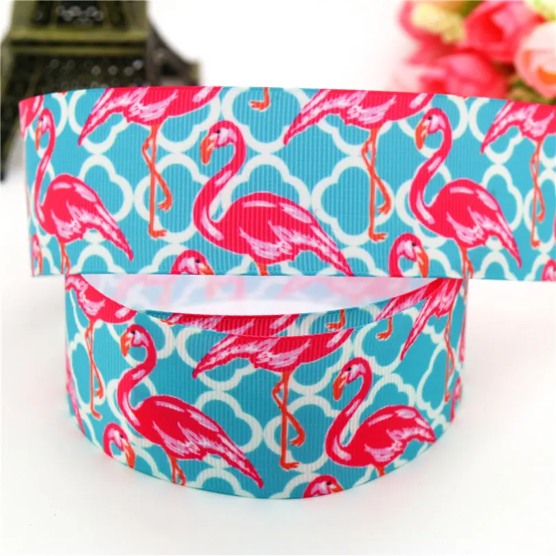 

DHK 1.5'' Free shipping flamingo quatrefoil printed grosgrain Ribbon headwear hair bow diy party decoration OEM 38mm B1526